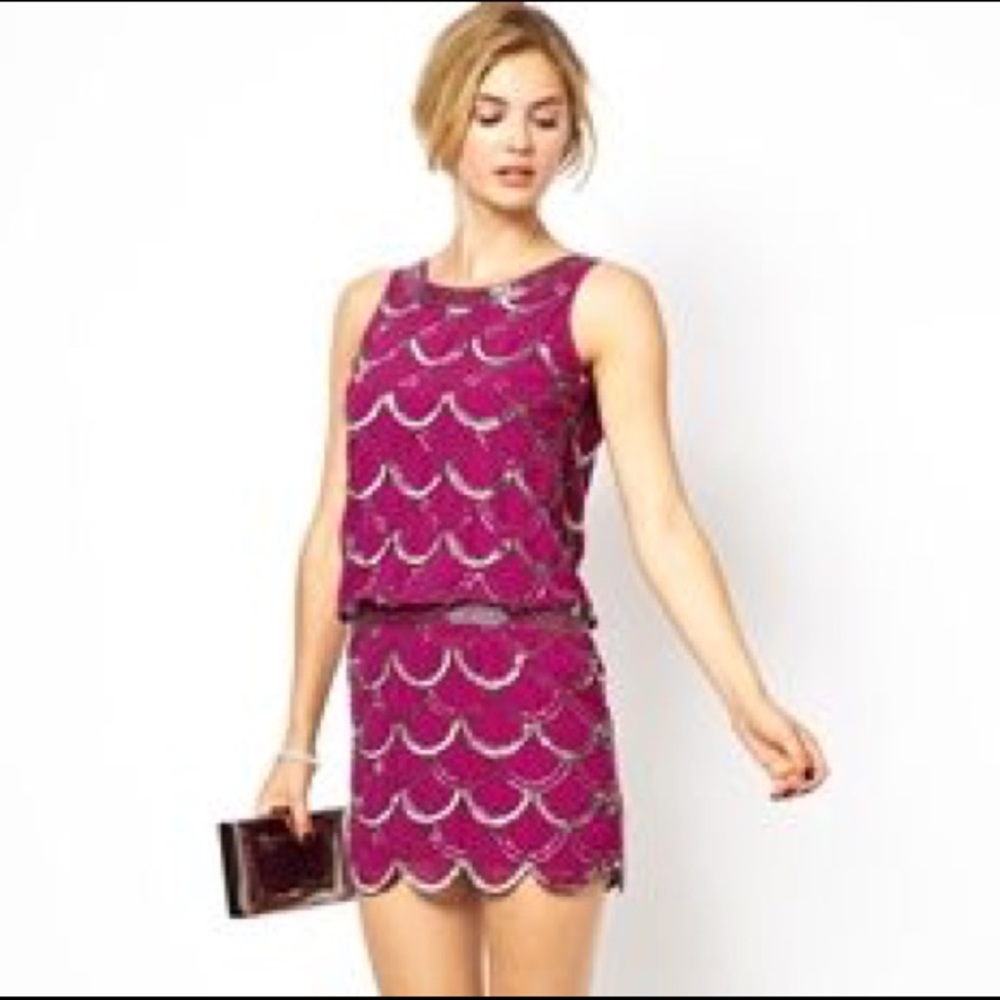 Purple Scallop Edge Cocktail Beaded Dress Sz 6